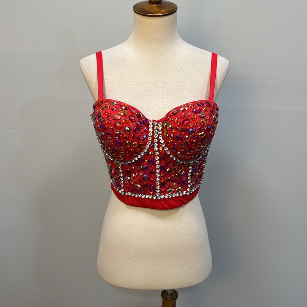 NWT Lydia U.S.A. gem embellished red bustier women’s sz L